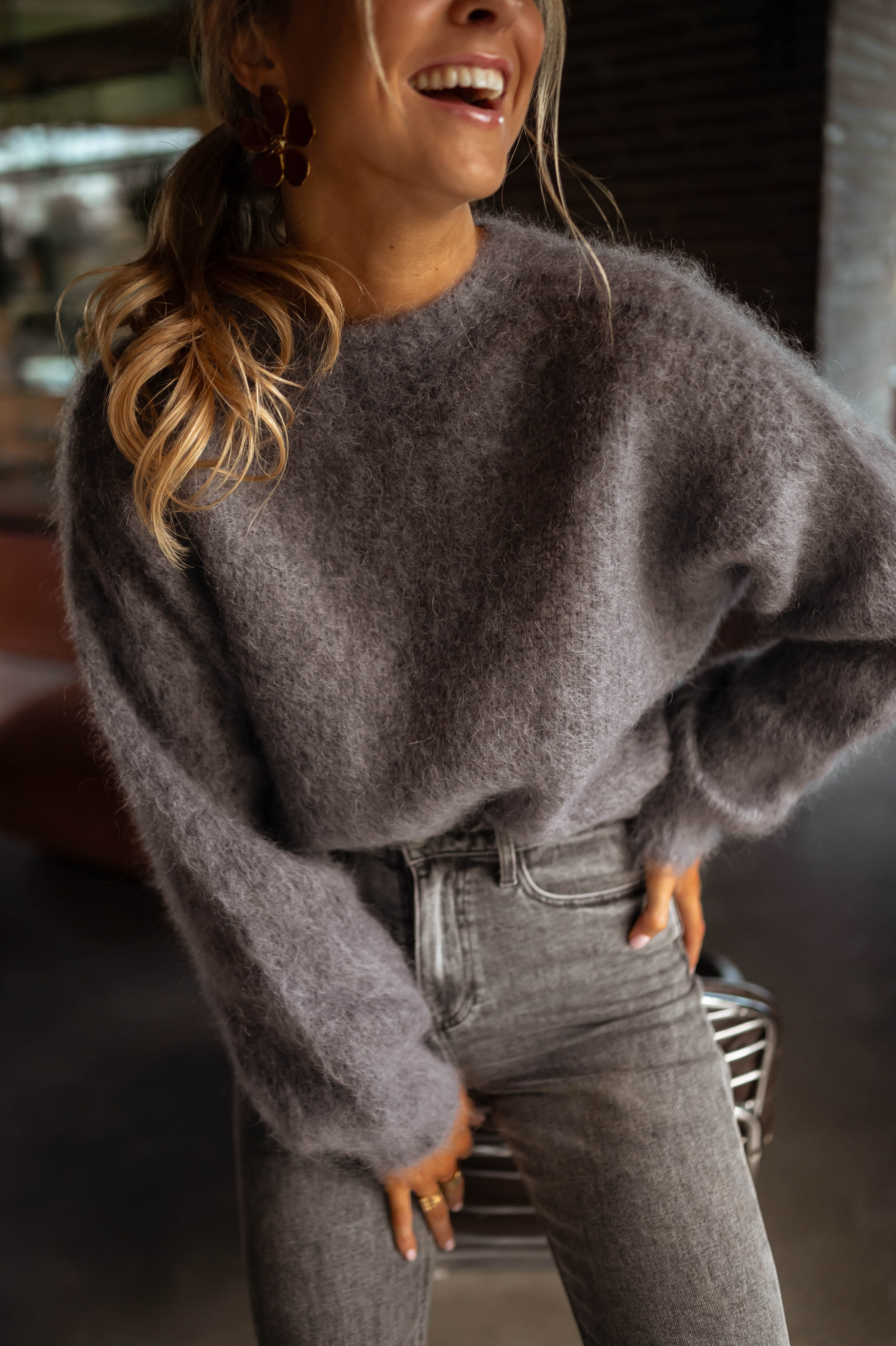 Sweater Pull Mohair Gris Femme Pull Boule Ecru1