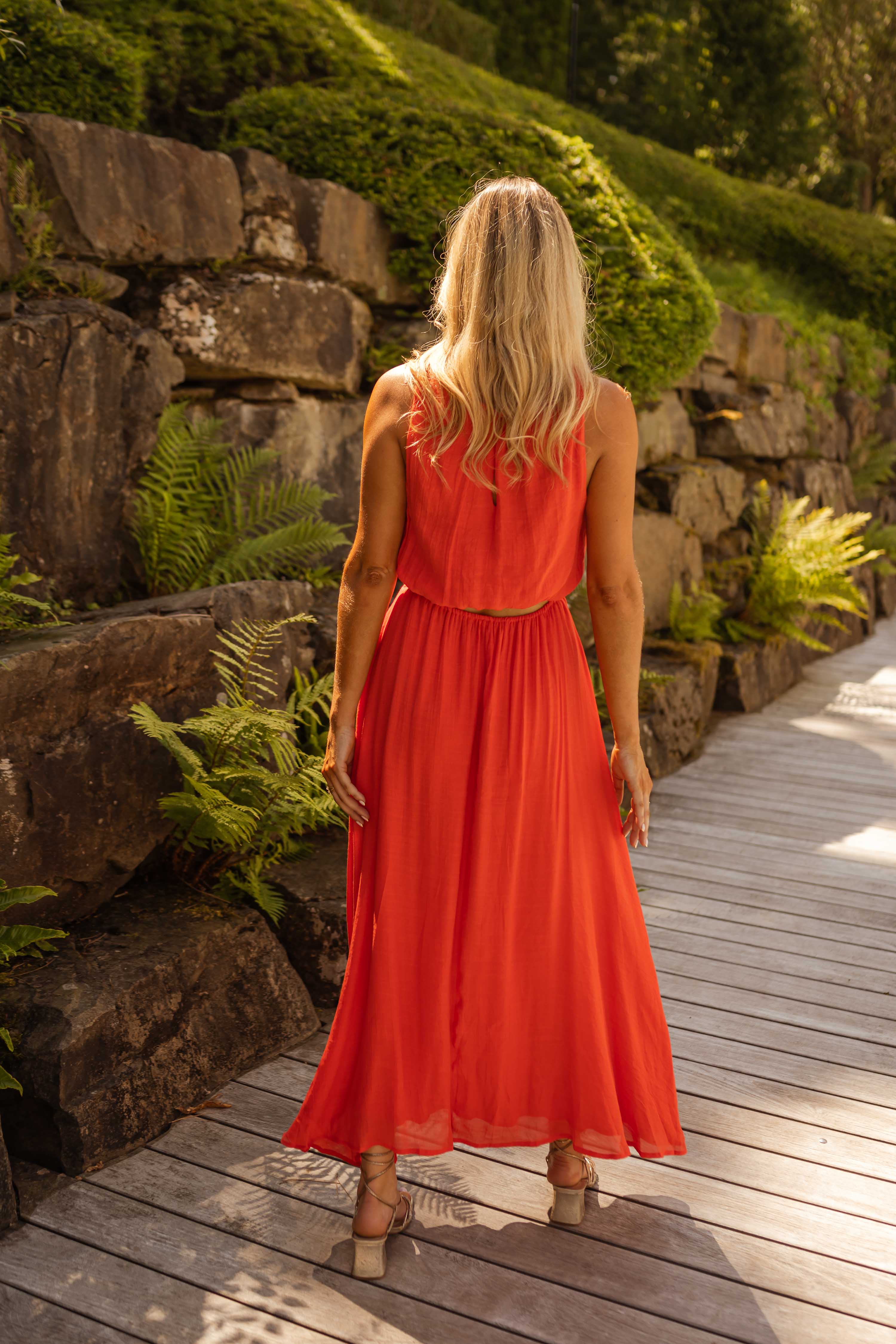 Robe Rouge Corail Express Sans Manches - Taille S/P - Style Crayon - Occasion Très Bon état
