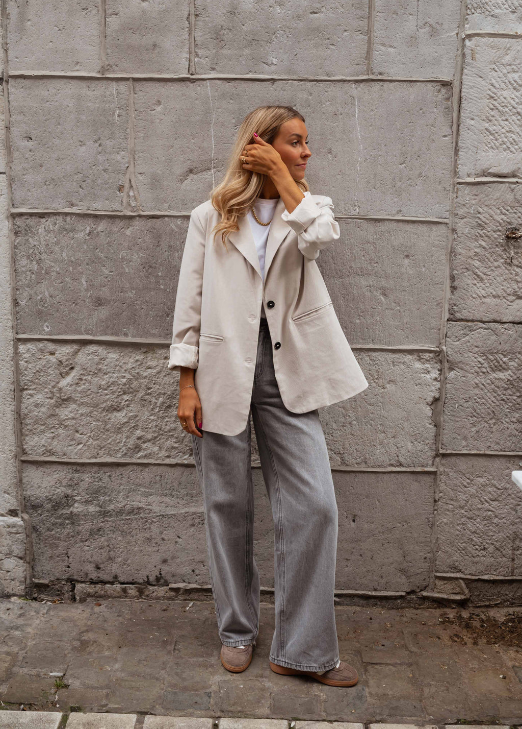 Grey blazer beige pants online