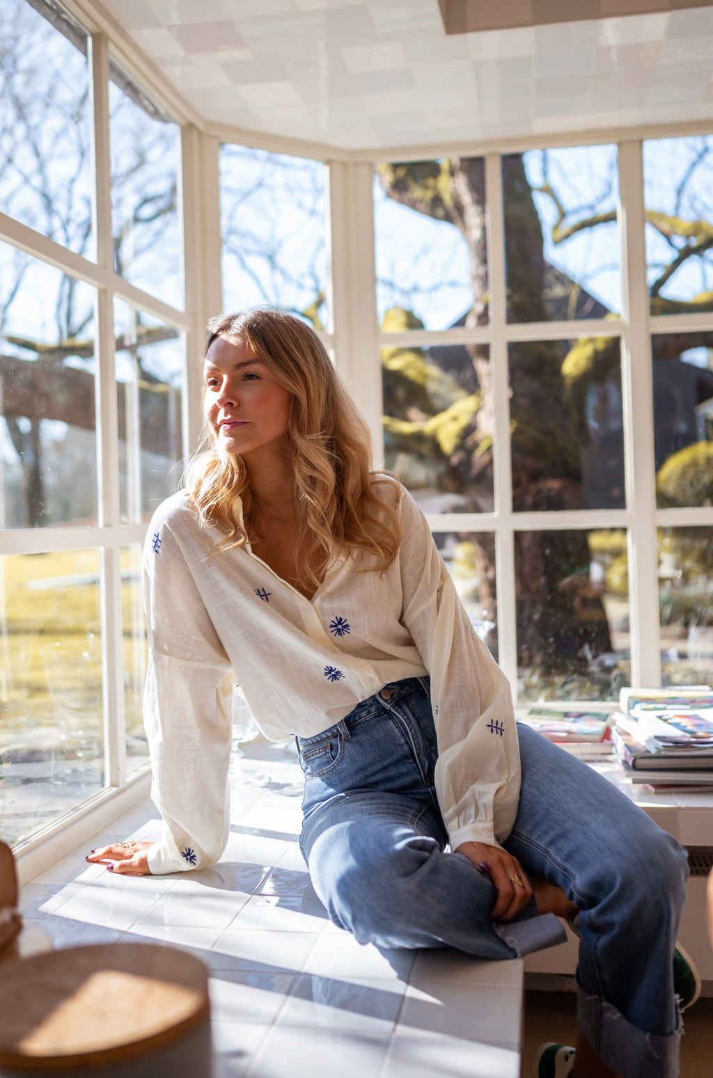 Chemise Orleana - jaune pâle avec motifs bleus