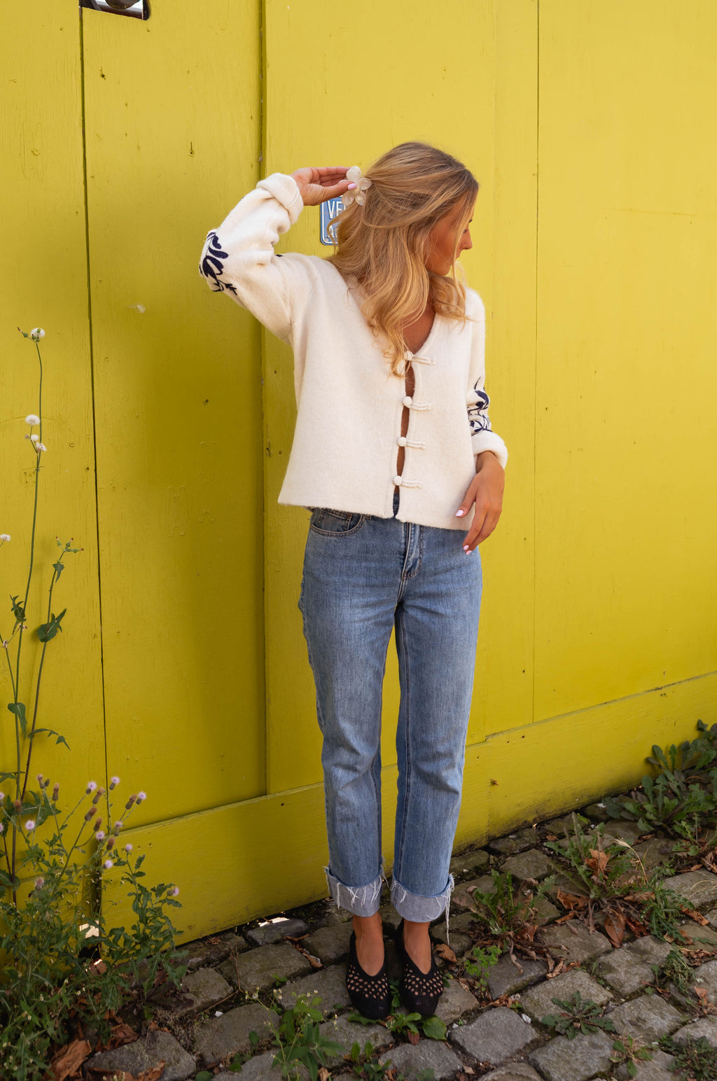 Volny cardigan - ecru and blue 
