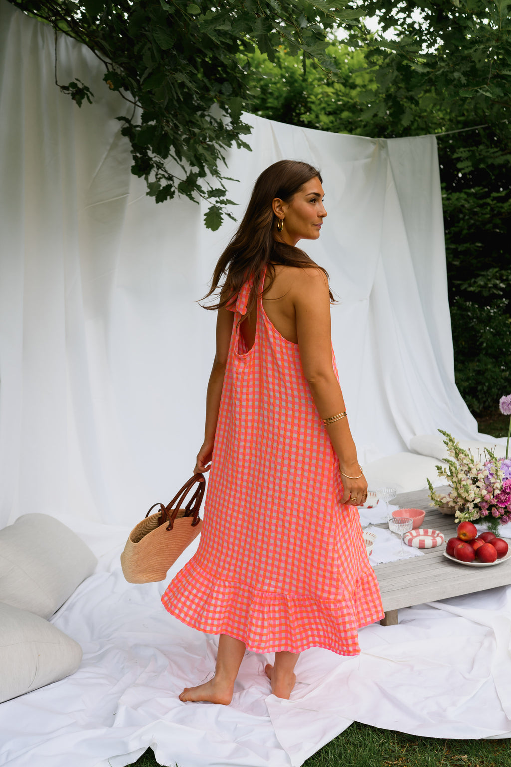 orange and pink checkered dress Sunset Dream Checkered Knit Dress