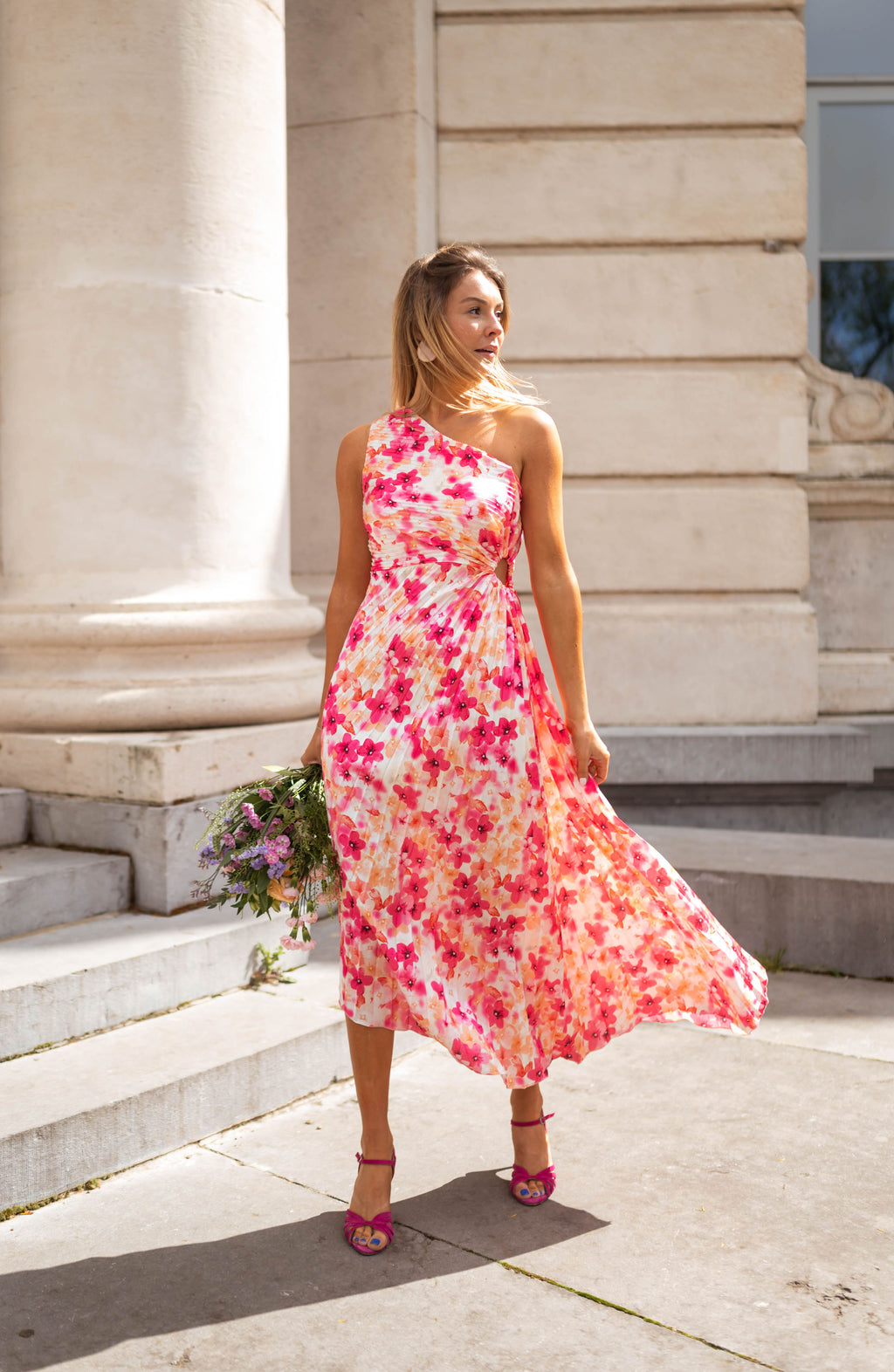 Meredith Dress - Pink With Flowers - Pleated Effect Easy Clothes Meredith Dress - Pink With Flowers - Pleated Effect Easy Clothes