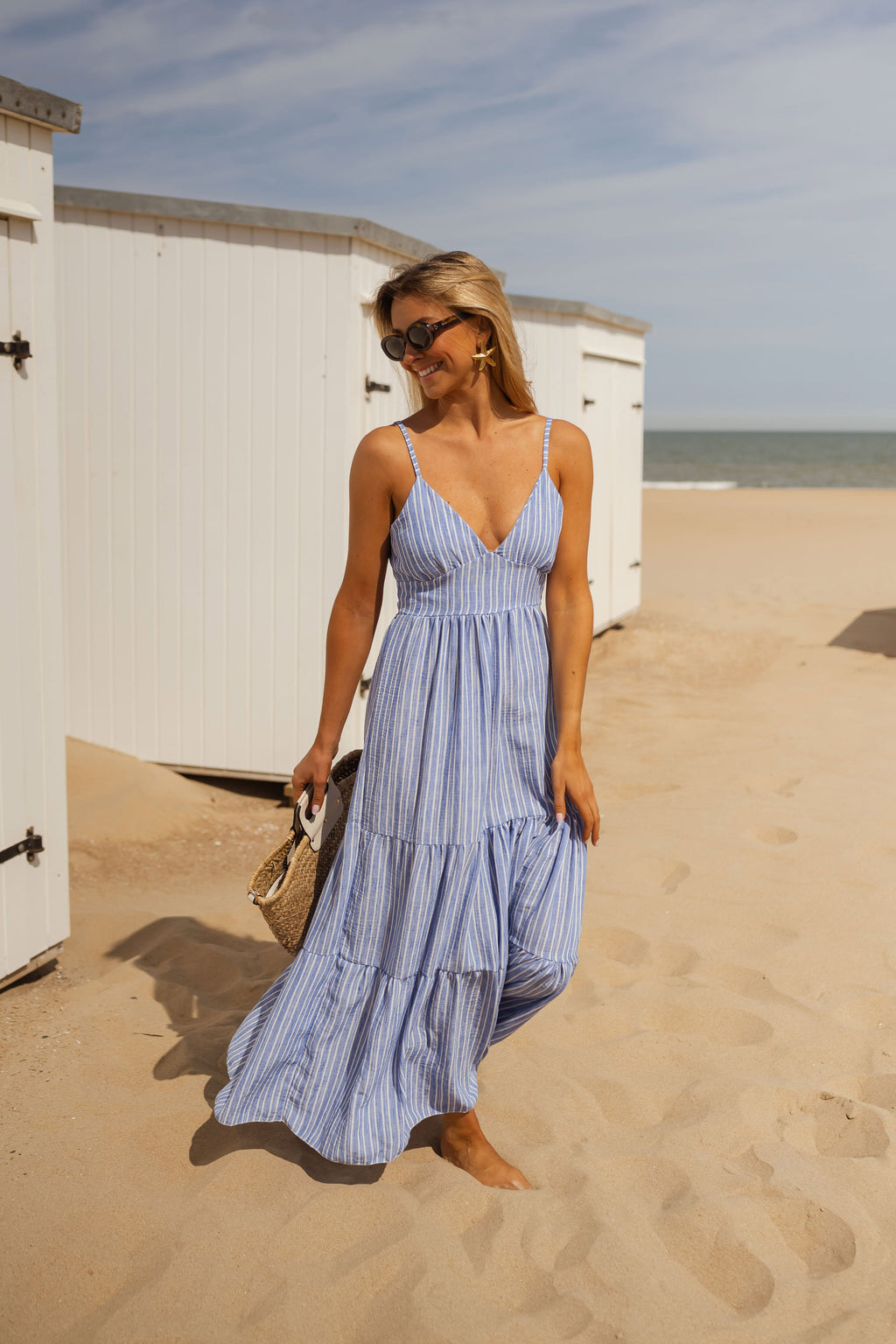 Orria dress - blue and ecru with lines