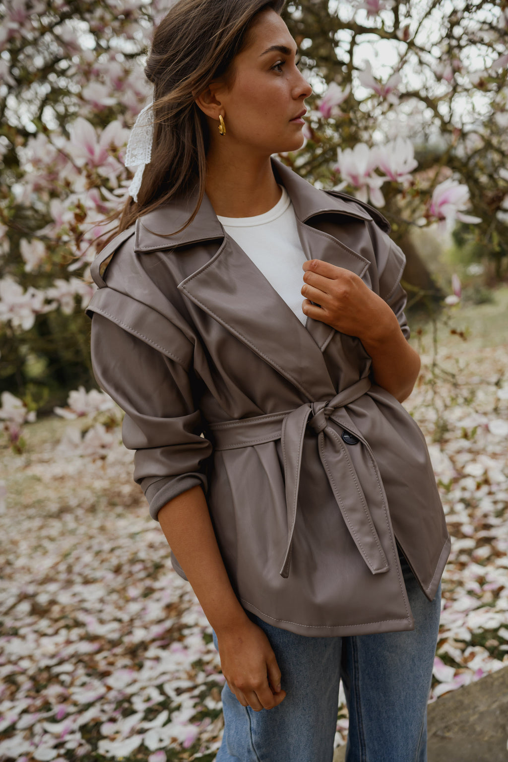David Jacket - Taupe Leather Effect - Belt – Easy Clothes