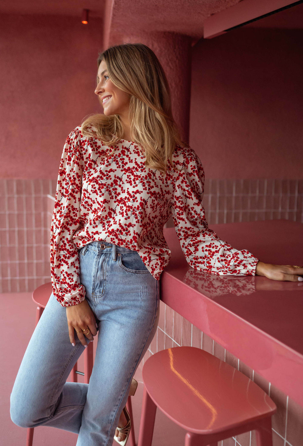 Blouse Alfred - écrue à fleurs rouges