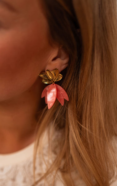 Boucles D'oreilles Clous Doré Avec Corail, émail Rouge Et œil Tigre Fuchsia - Fantaisie
