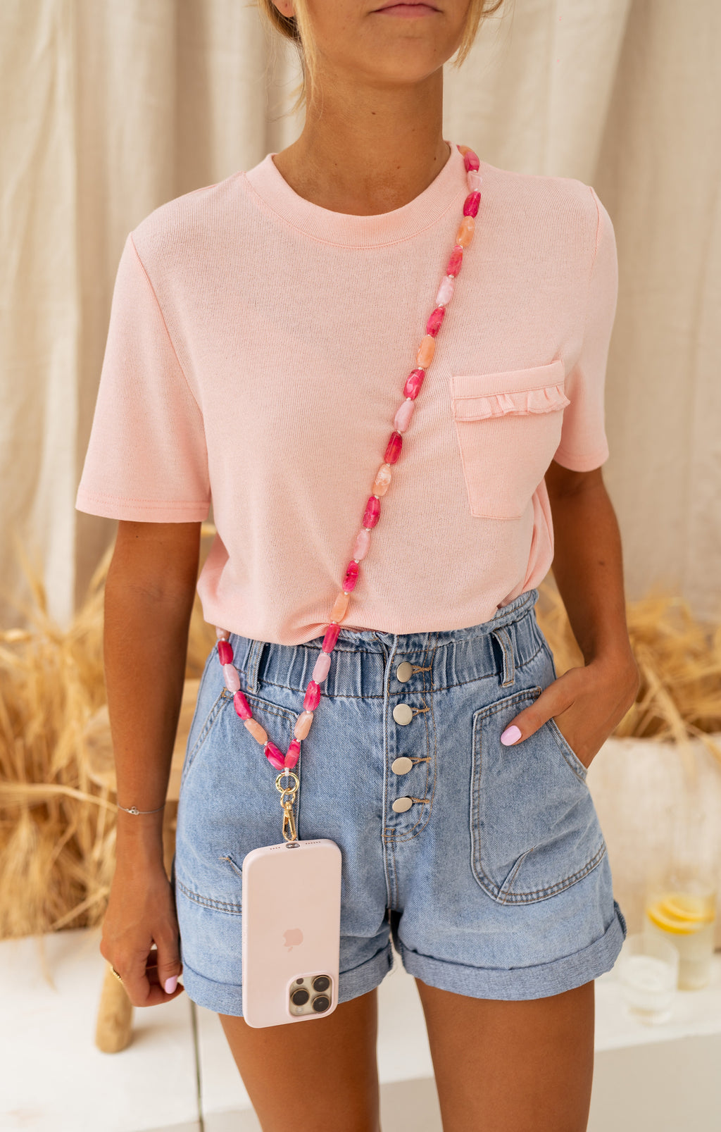 Perboles Rozems Cordon De Téléphone - Feder - Perles Roses - Bijoux & Accessoires ...