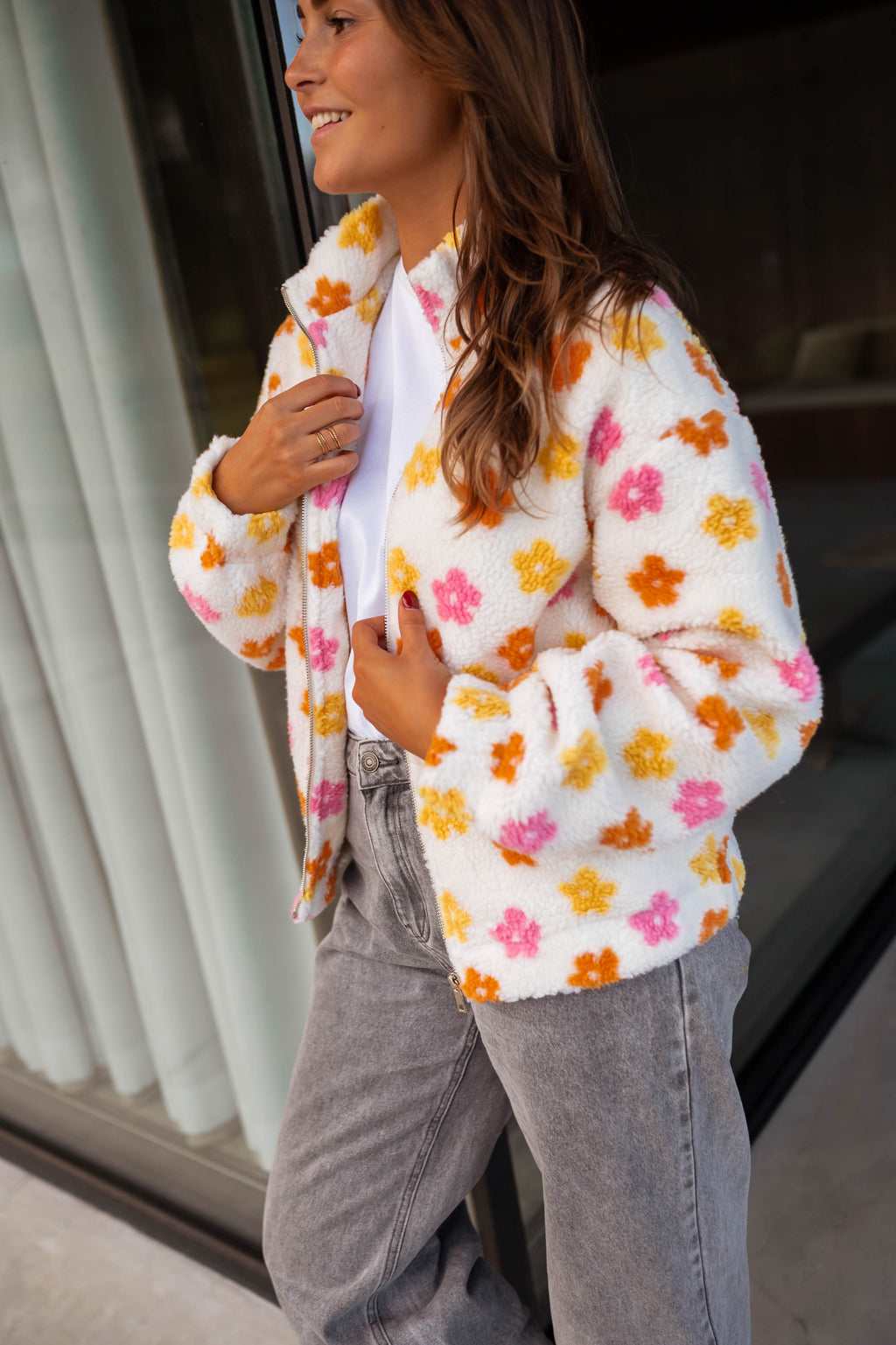 Veste Polaire Femme Avec Broderies Fleurs - Chaud Et Doux Pour L'hiver, Fermeture Zip Et Poches Latérales - 4