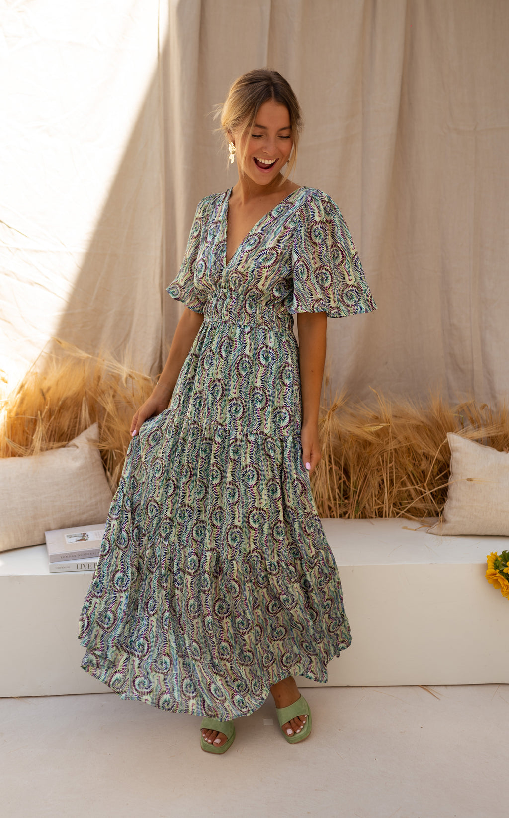 Robe Loane - verte à motifs