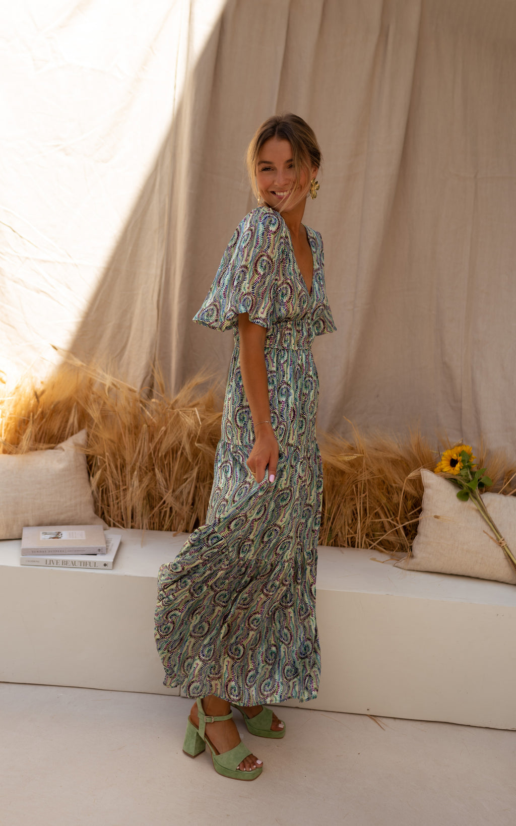 Robe Loane - verte à motifs