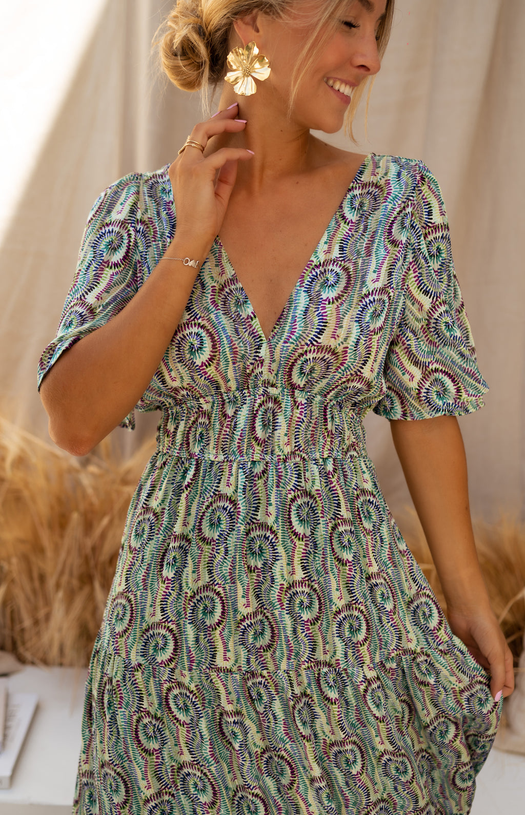 Robe Loane - verte à motifs