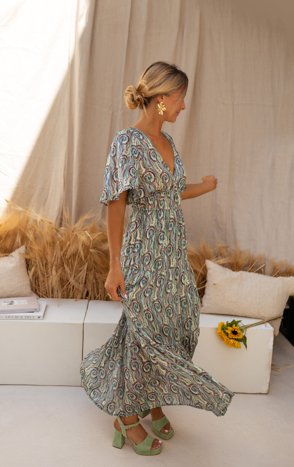 Robe Loane - verte à motifs