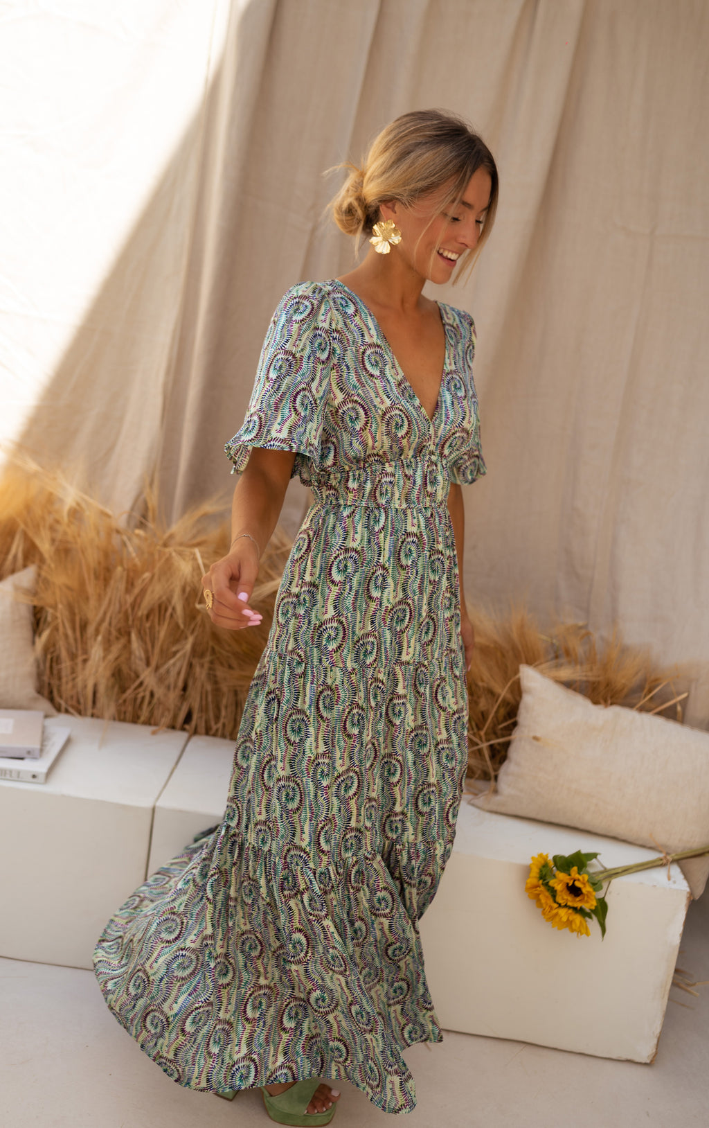 Robe Loane - verte à motifs