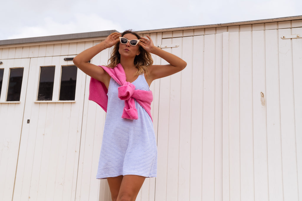 Robe Lovy en éponge - bleue et écrue à lignes