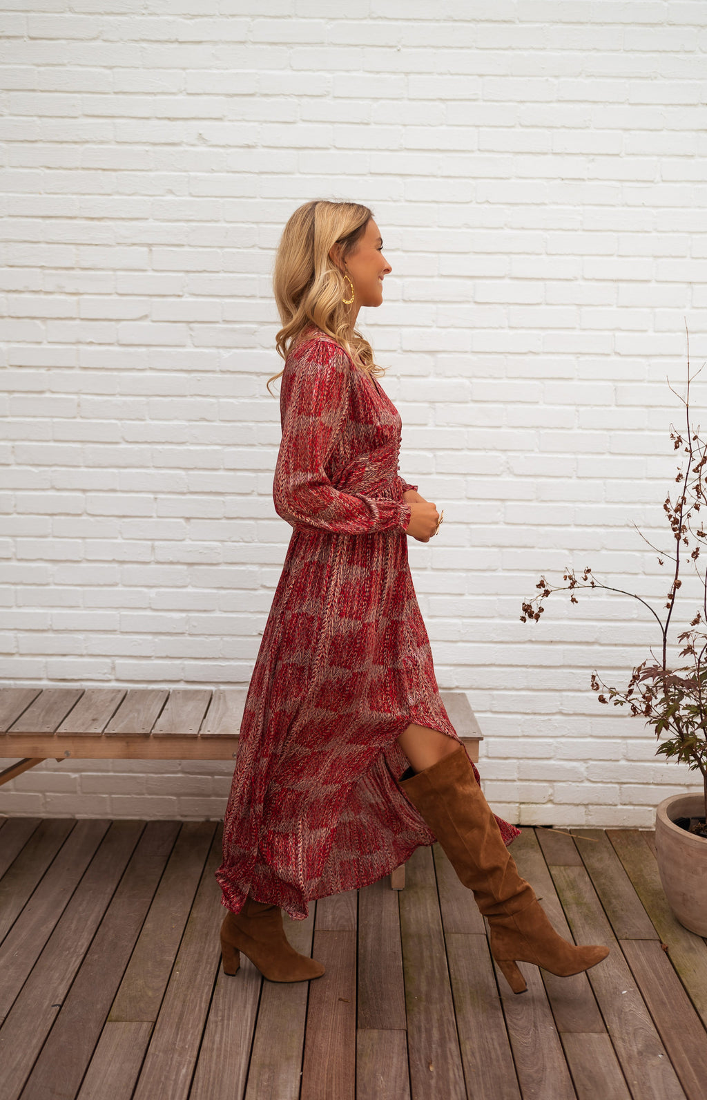 Robe Stacy - Rouge À Motifs - Col V & Fente – Easy Clothes