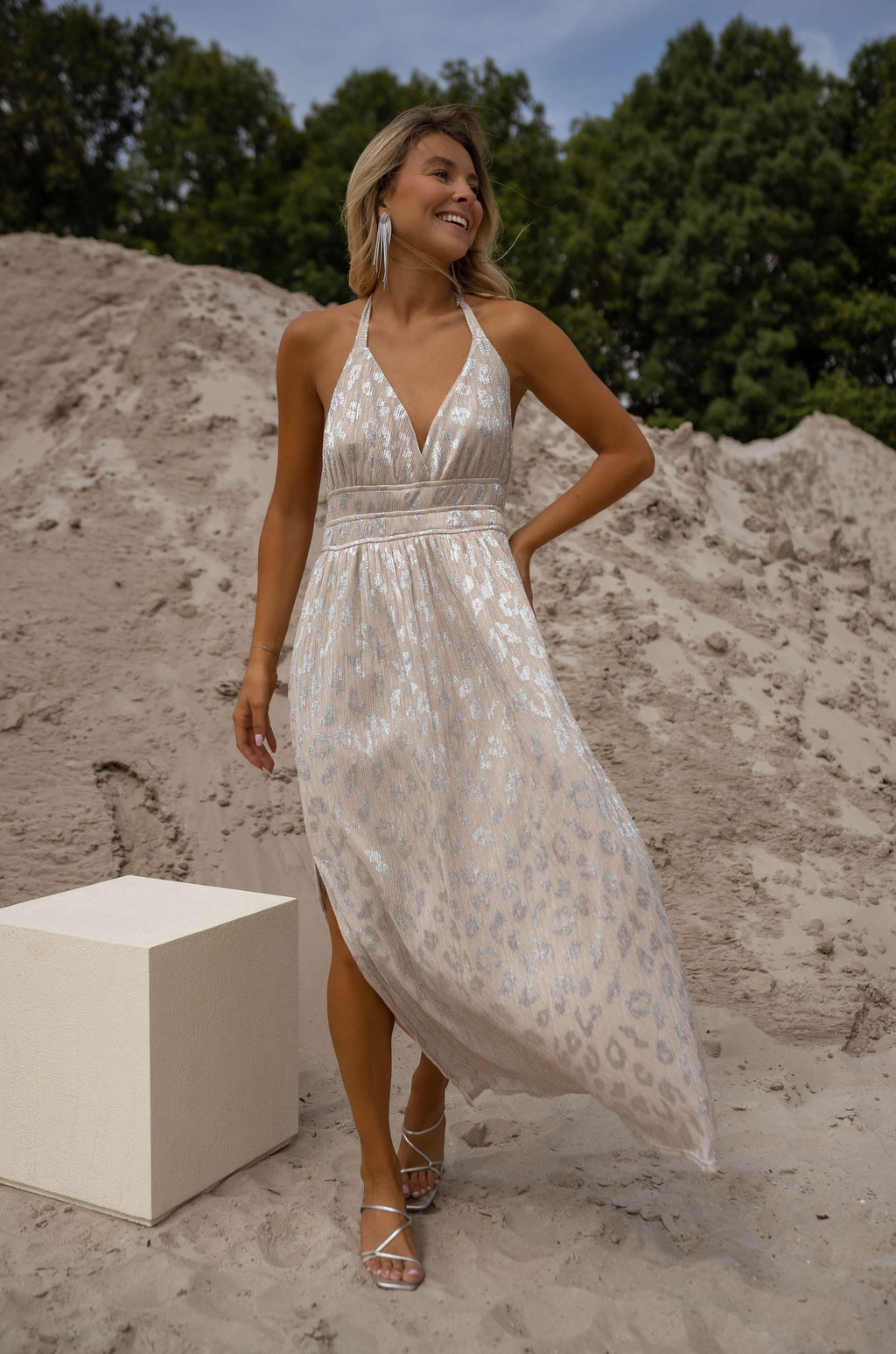 Dress Leopard Silver beige Sundy Split fluid Easy Clothes