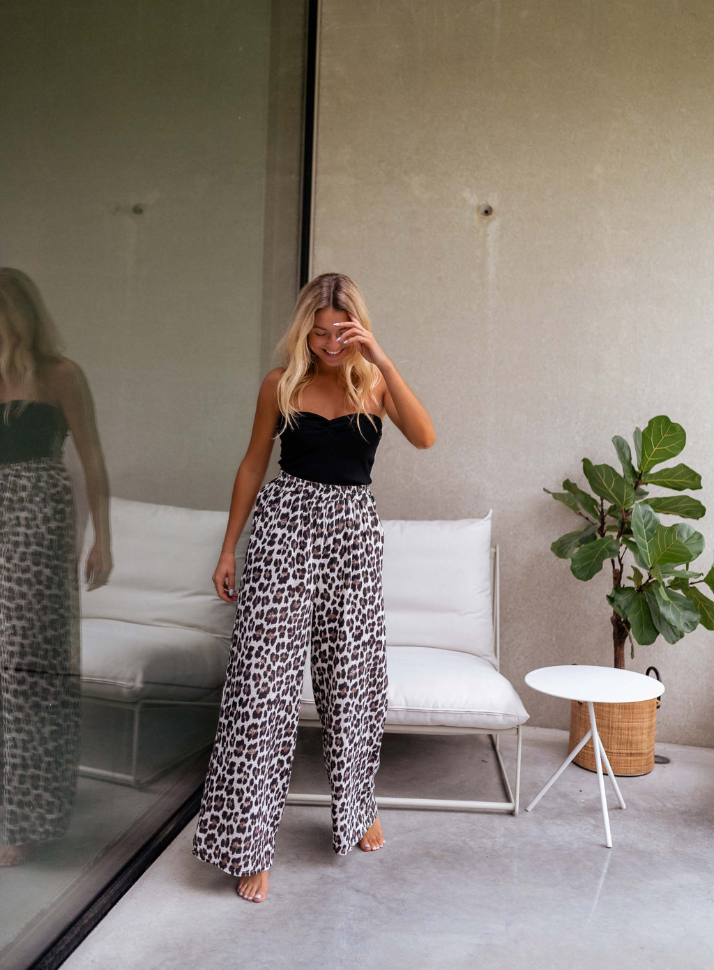 VOGMATE Pantalon Large Femme Léopard Taille Haute - Palazzo Fluide Yoga Sport Chic